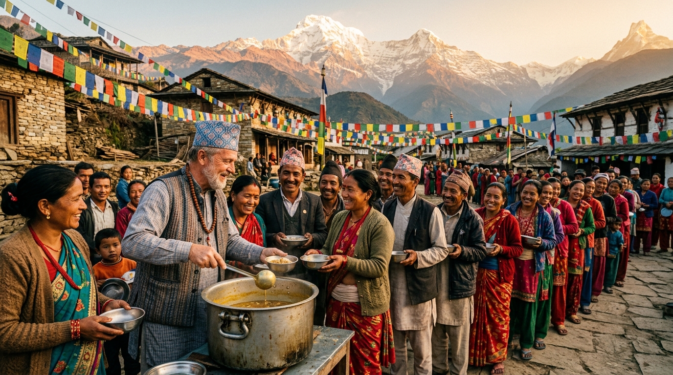 Comunidade reunida em uma vila do Nepal